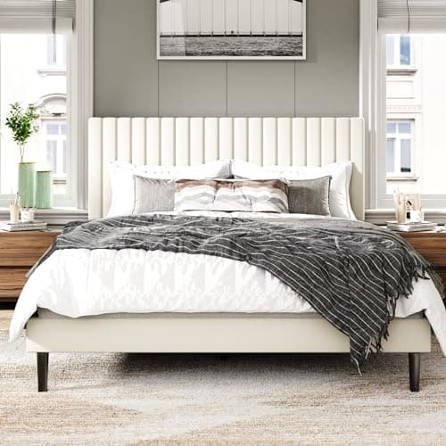 Sismplly Full Size Bed Frame with Velvet Upholstered Headboard, Platform Bed with Strong Wood Slats, Mattress Foundation, Box Spring Optional, Easy Assembly, Beige