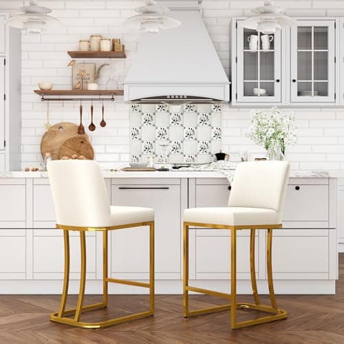 ALPHA HOME Counter Stools with Backs, 24 inch Bar Stools for Kitchen Island, Upholstered PU Leather Bar Chair with footrest, Great for Coffee Shop, Kitchen, Dining Room, White&Gold