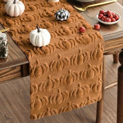 Artoid Mode Caramel Soft Plush Faux Fur Jacquard Pumpkins Fall Table Runner, Seasonal Autumn Kitchen Dining Table Decoration for Home Party Decor 13x72 Inch