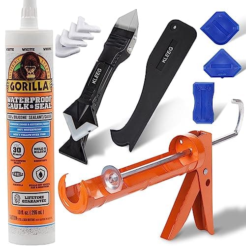 Gorilla Caulk Sealant 100% Silicone, 10oz Cartridge, White + KLEEG Caulk Gun and Caulking Tool Kit - Dripless Gun, Removal Tool, 3in1 Scraper Sealant