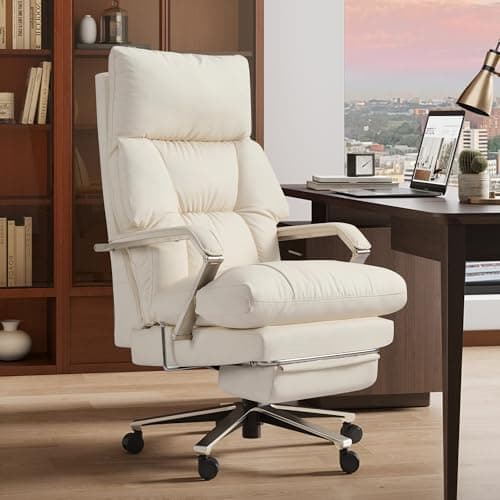 OKUP M76 160° Reclining Office Chair with Footrest, 10" Thick Cloud Cushion Executive Desk Chair, Extra Wide Cross-Legged Ergonomic Chair for Big and Tall, Adjustable Seat Depth, Easy Assembly, Cream