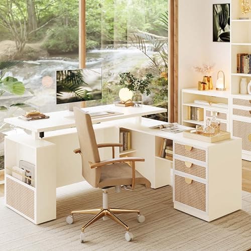 ModernMate 63" Standing Desk with File Cabinet, Privacy Panel, AC/USB, 1.18" Desktop, Executive L Shaped Height Adjustable Desk, Electric Stand Up Table with 3 Drawers, White Rattan