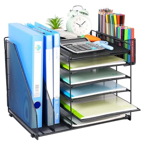File Organizer for Desk, 6 Tier Desk Organizer Paper Tray with File Holder Pen Holder, Mesh Office Desk Accessories & Workspace Organizers (Black)