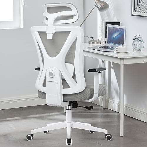 KERDOM Ergonomic Office Chair, Rolling Swivel Executive Desk Chair, Breathable Mesh Gaming Chair with Adjustable Headrest, 3D Armrest and Lumbar Support for Home Office LightGray