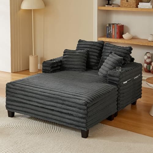 Amsleekey 64" Chaise Lounge Chair Indoor, Oversized Sleeper Chair with Wood Frame, Upholstered Sofa Bed for Living Room, Movie Room, Bedroom with 4 Storage Pockets&2 Cup Holders(Plush Corduroy, Grey)