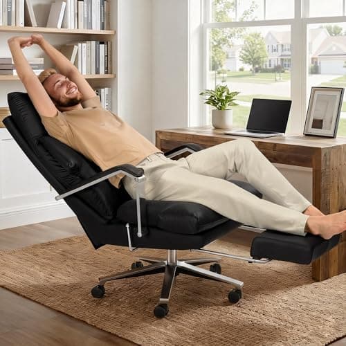 OKUP M76 160° Reclining Office Chair with Footrest, 10" Thick Cloud Cushion Executive Desk Chair, Extra Wide Cross-Legged Ergonomic Chair for Big and Tall, Adjustable Seat Depth, Easy Assembly, Black