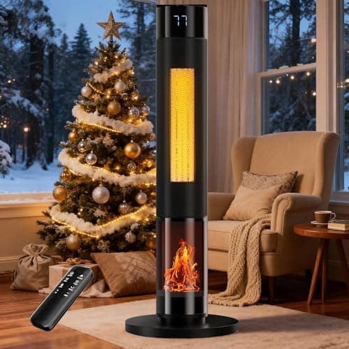 Landeagle Space Heaters for Indoor, 34”Large PTC Ceramic Heater with Flame, 1500W Electric with Thermostat, 90°Oscillating Portable Tower Heater with Remote for Room, Bedroom, Home, Office, Black
