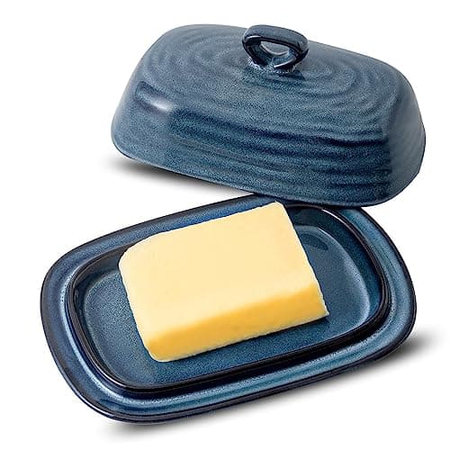 Tikooere Butter Dish with Lid, Ceramic Butter Keeper Holder with Cover and Handle for Countertop, Porcelain Butter Container for East West Coast Butter, Butter Tray for Kitchen Gift, Blue