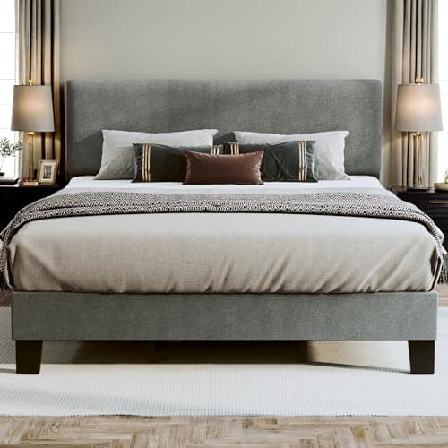 Fluest King Bed Frame with Adjustable Headboard Upholstered Bed Frame Platform Linen Fabric Headboard Wooden Slats Support/No Box Spring Needed/Easy Assembly/Mattress Foundation, Light Grey