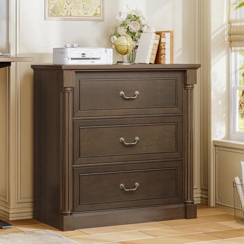 Sikaic 3 Drawer File Cabinet, Farmhouse Filing Cabinet for Letter/Legal Size, Wooden Extended Desktop, Wood Lateral File Cabinets with Printer Stand for Home Office, Framed Drawer Fronts, Retro Brown