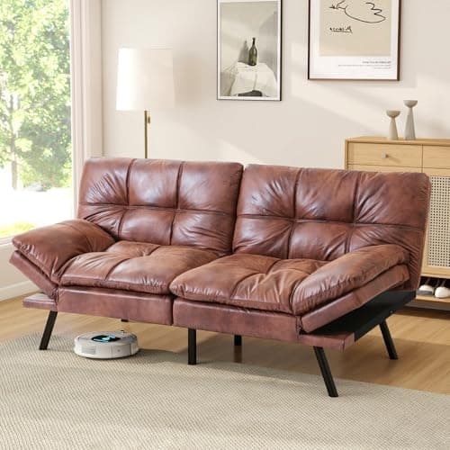 Opoiar Faux Leather Sleeper Sofa,Memory Foam Futon Sofa Bed,Foldable Couch Sleeper,Compact Sofa Padded with Metal Legs, Modern Convertible Loveseat Sofa for Living Room,Apartment,Studio,Brown