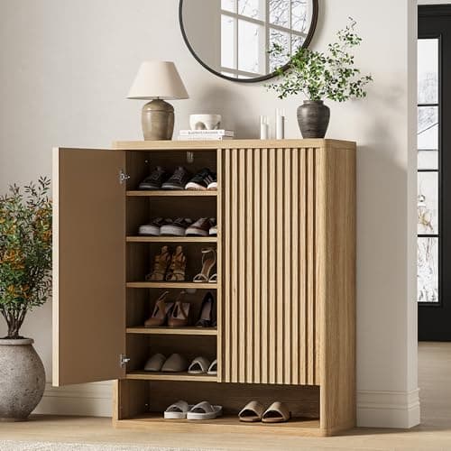 Garvee 31.5 Inch Shoe Cabinet, Large Shoe Storage Cabinet with Adjustable Shelves, Wooden Shoe Organizer with Fluted Door Holds 25–30 Pairs for Entryway & Living Room, Natural Wood