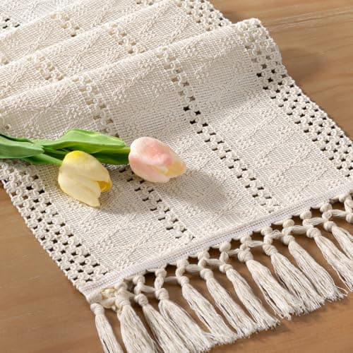 Socomi Boho Table Runner Easter Spring Farmhouse Rustic Dining Kitchen Centerpiece Decor Small Macrame Woven Cotton Linen Coffee Table Runner for Dresser Scarf Home Decor 12x72 inch Beige
