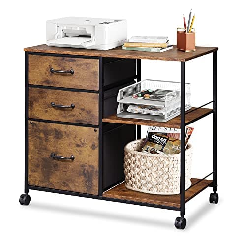 DEVAISE 3 Drawer Mobile File Cabinet, Rolling Printer Stand with Open Storage Shelf, Fabric Lateral Filing Cabinet fits A4 or Letter Size for Home Office, Rustic Brown Wood Grain Print