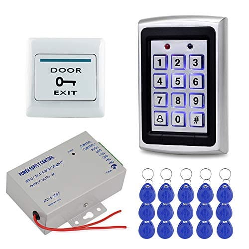 HFeng Door Access Control System Kit 125KHz RFID Keypad Metal Case + DC12V 3A Power Supply Controller + Door Exit Button + 10pcs Keyfobs (Without Lock)