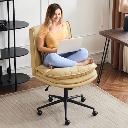 VINGLI Cloud Criss Cross Legged Chair,18" High Back Armless Home Office Desk Chair with Wheels,Wide Adjustable Comfy Padded Seat Task Computer Chair,Modern Swivel Makeup Vanity Chair,Fabric,Yellow