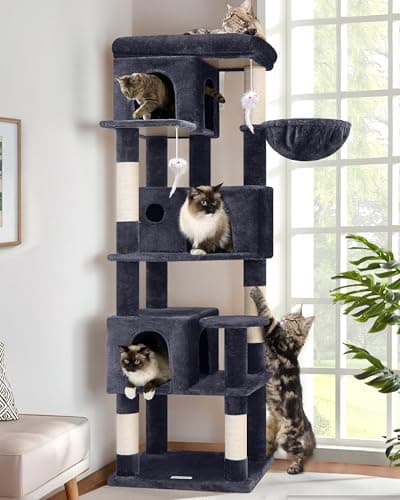 Globlazer Corner Cat Tree 66 inch Multi-Level Climbing Tower Kitty Condos Cat Scratching Tower for Indoor Multiple Cats with Large Platform, 3 Cat Caves, F66, Dark Grey