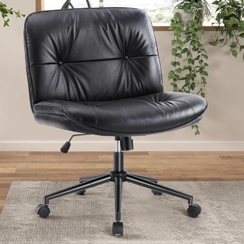 Sweetcrispy Criss Cross Legged Chair with Wheels, Armless Office Desk PU Leather Wide Seat, Modern Swivel Height Adjustable Comfy Computer Task Seating for Home Bedroom - Black
