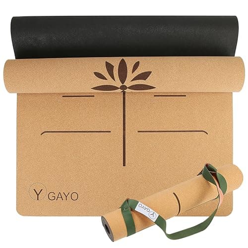 Y O Gayo Premium Yoga Cork Mat | 5mm Thick Natural Tree Rubber Base and Bigger Mat for Extra Support, Alignment lines for Guidance | Non-Slip, Sustainable, Your Ultimate Yoga Companion