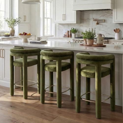 Hyfirm 26" Counter Height Bar Stools Set of 3, Velvet Fabric Upholstered Barstools with Back and Armrest, Modern Barrel Counter Stools for Kitchen Island, Green
