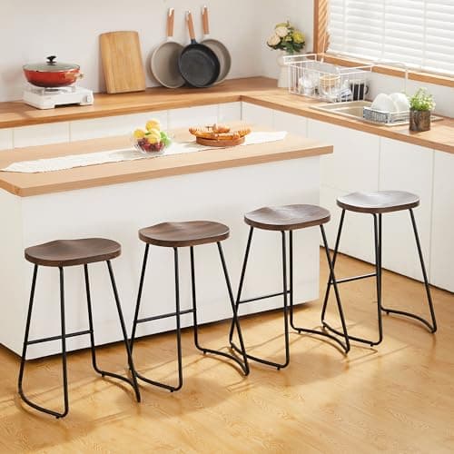 HeuGah Bar Stools Set of 4, Saddle Seat Bar Stools, Rustic Backless Wood Counter Height Stools, Industrial Counter Stools with Metal Legs(Brown, 4 PCS 26Inch Counter Stools)
