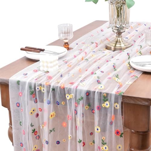 Joanlody Ivory Embroidery Daisy Spring Summer Table Runner 10ft Florals Seasonal Easter Tulle Table Runner Holiday Kitchen Dining Table Decoration for Home Party Indoor