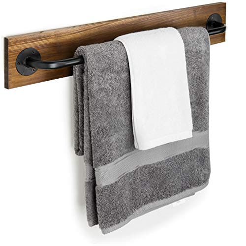 MyGift Industrial Pipe Towel Bar, 28 Inch Bathroom Wall Mounted Towel Holder with Metal Rod Rustic Burnt Wood Bathroom Sets, Farmhouse Towel Holder