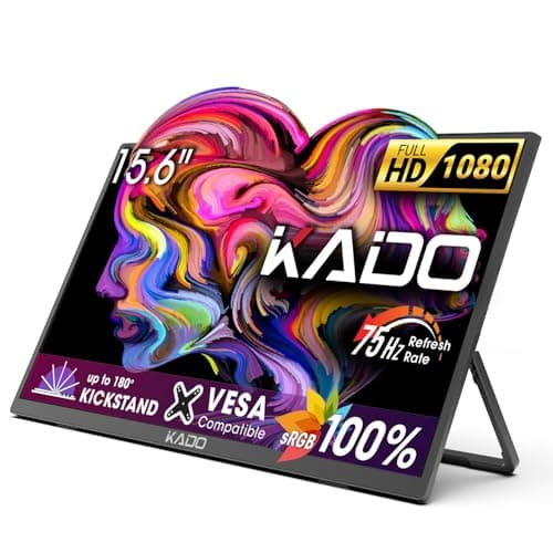 Kado Portable Monitor 15.6'' FHD 1080p, 75Hz 100% sRGB Ultra-Slim Laptop Monitor 1920x1080, IPS Display 45W Reverse Charging 180° Kickstand for PC, Mac, Phone, Xbox, PS5, USB-C & HDMI Connectivity