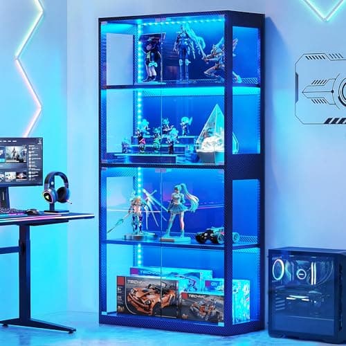 AODK Display Case with RGB Lights, 4-Tier Display Cabinet with Glass Doors and Storage Shelves, Glass Display Cabinet Shelf for Collectibles, Black Curio Cabinet for Game Room