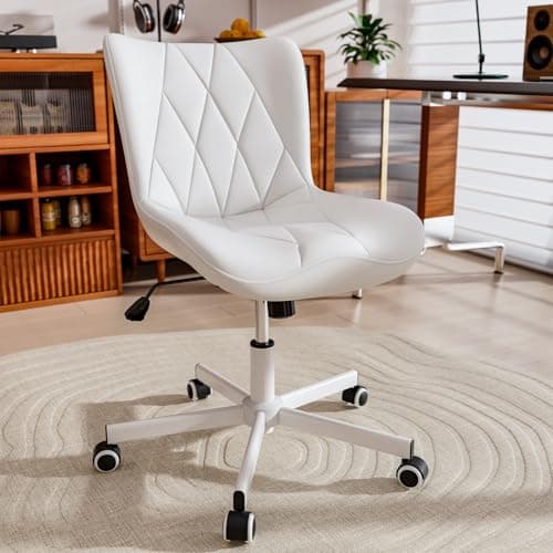 JULYMON Armless Desk Chair, Morden Home Office Chair no Arms, Adjustable Height & Rocking Computer Chair, PU Leather Vanity Chair, Ergonomic Seat Soft Padded Desk Chairs for Home Small Space, White