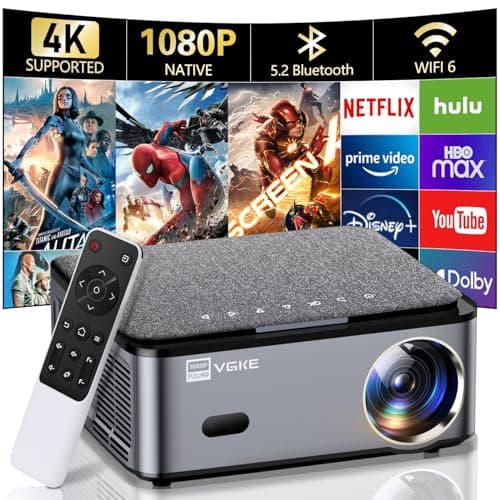 VGKE Smart 4K Projector, Android TV Projector with WiFi and Bluetooth, 800 ANSI Native 1080P Outdoor Movie Projector, Electric Focus & Keystone Home Theater Projector for iPhone/TV Stick/HDMI/USB