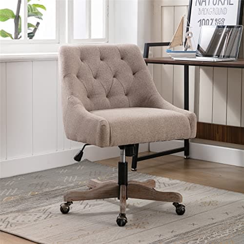 Swivel Office Chair, Modern Tufted Linen Upholstered Swivel Task Chair with Wood Base and Wheels, Height Adjustable Work Chair Leisure Shell Vanity Chair for Bedroom Living Room, Brown