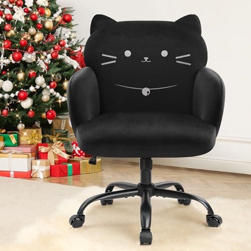 IWMH Home Office Chair Wide Seat Desk Chair Cute Velvet Swivel Vanity Chairs Cat Themed Computer Task Chairs with Wheels Upholstered Modern Accent Armchair for Living Room Bedroom Study Makeup Black