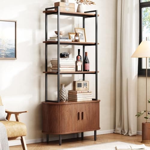 ONBRILL 71" Tall Bookshelf, 4-Tier Book Shelf with Storage Cabinet, Modern Bookcase with Sliding Door and Adjustable Footpad, Freestanding Storage Organizer Bookshelf for Living Room, Bedroom, Walnut