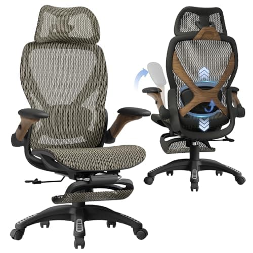 ELABEST X100 Ergonomic Office Chair with Footrest, Big and Tall Home Desk Chair with 5D Flip-Up Arms, Adjustable 3D Lumbar Support,High Back Rolling Computer Chair, Swivel Mesh Chairs (Coffee Break)