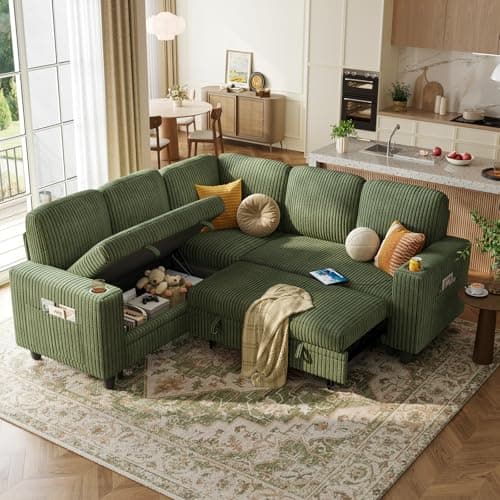 LINSY HOME Sectional Sleeper Sofa with Storage Chaise & USB Charging, Convertible Pull Out Couch Bed Plush Corduroy Modular Sectional Couches for Living Room Apartment (Green)