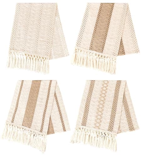 4 Pieces Boho Table Runner with Tassels Rustic Cream Beige and Khaki Macrame Burlap Table Runner for Bohemian Kitchen Dining Table Living Room Bedroom Farmhouse Home Decor(12x72inch, Khaki)