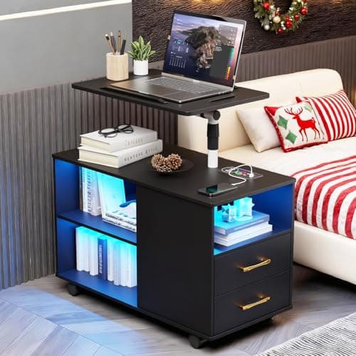 MDGC Nightstand with Wireless Charging Station and Auto Senor,RGB Bedside Table with 360° Adjustable Rotary Table,Night Stand with Open Shelves,Drawers,5 Wheels(Black)