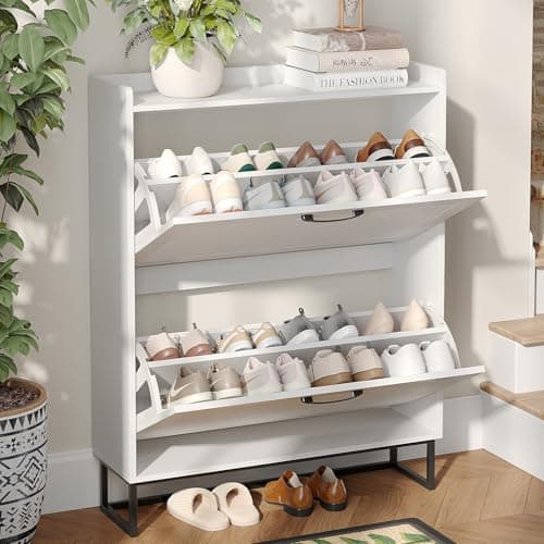 Maupvit Shoe Storage Cabinet with 2 Flip Louvered Doors, Freestanding Organizer with Metal Legs, Shoe Cabinet for Entryway, Narrow Shoe Rack Cabinet, White