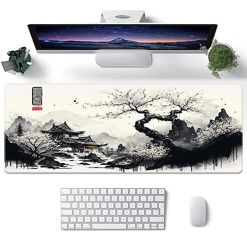 ProbTis Japanese White Mouse Pad, Large Cherry Blossom Desk Mat, XL Anime Gaming Keyboard Mat, Non-Slip Rubber Base, Big Extended Desk Protector for Home Office, 31.5"x11.8" (River Snow)
