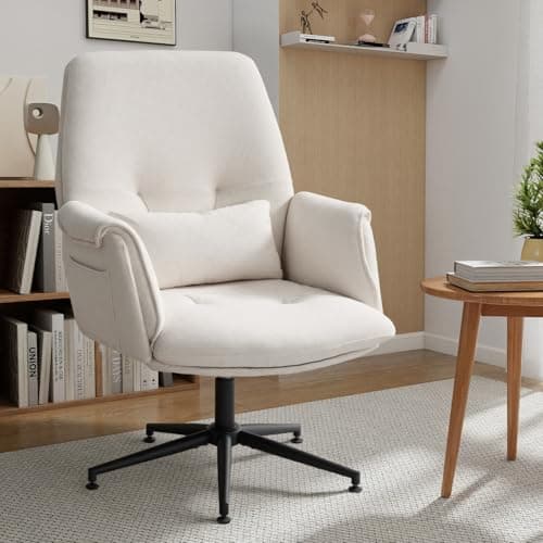 High Back Home Office Chair Without Wheels, Upholstered Fabric Desk Chair with Armrests, Ergonomic Swivel Computer Task Chair (White)
