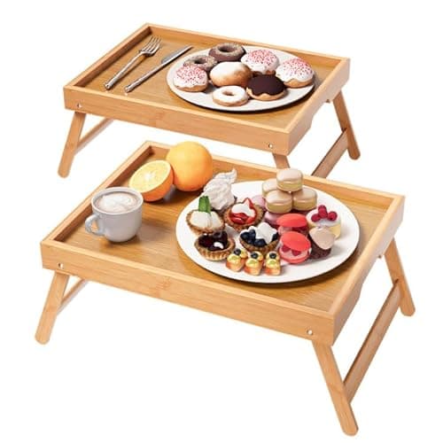 Fibogollo 2 Pack Bamboo Bed Tray Table with Folding Legs,Breakfast Trays,Serving Tray for Food and Snack,Laptop Trays for Working(Natural)