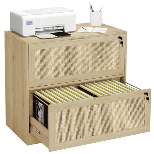 HOPUBUY 2 Drawer File Cabinet with Lock, Printer Stand Lateral Filing Cabinets for Home Office and School, Wood Rattan File Cabinet for Hanging Files/Letter/Legal/A4/F4 Size, Natural Wood