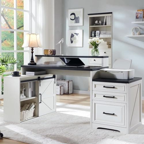 JXQTLINGMU Home Office Desk, Modern Farmhouse Computer Desk with File Cabinet Letter T4 F4 Legal, Study Writing Desk, 67 Inch, Off White