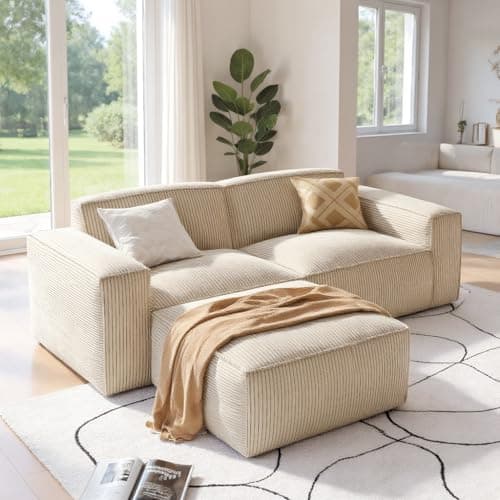 Amada 80" L Shaped Sofa Modular, Corduroy Clopud Couches with Deep Seats &High-Back, Upholstered Couches for Living Room Bedroom with Ottoman, No Assembly Required(2-Seater&1 Ottoman,Beige White)