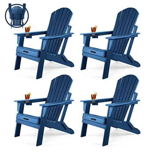 FUNBERRY Folding Adirondack Chair Set of 4, HDPE All Weather Fire Pit Chairs with Cup Holder for Outdoor