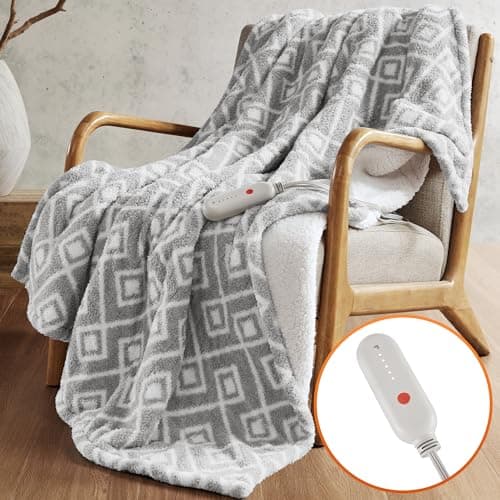Sharper Image Heated Blanket, Eletric Throw Blanket, Soft, Warm, Reversible Feathersoft - Sherpa Heating Blanket Throw, 5 Lv Heating, 3 hr Auto Shut Off, ETL-Cert, Machine Washable, 50x60 Grey Geo