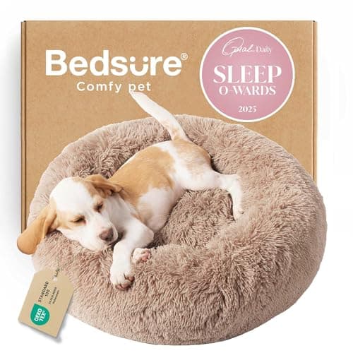 Bedsure Calming Dog Bed for Small Dogs - Donut Washable Small Puppy Bed, 23 inches Anti-Slip Round Fluffy Plush Faux Fur Large Cat Bed, Fits up to 25 lbs Pets, Camel
