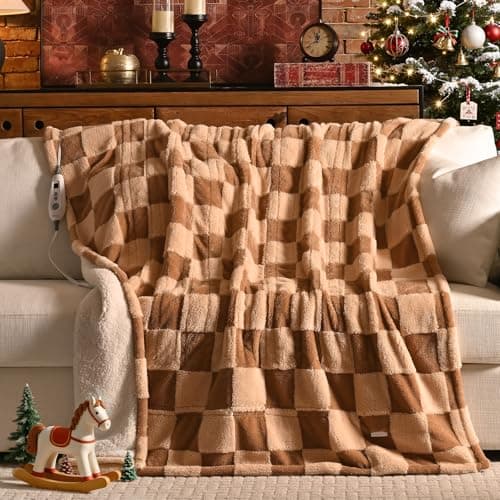 Bearhug Heated Blanket King Size 100" x 90" Dual Controller Electric Blanket, Reversible Brown Plaid Sherpa Heating Blanket, 10-Heat Levels & 1-12H Auto Off, ETL, Machine Washable