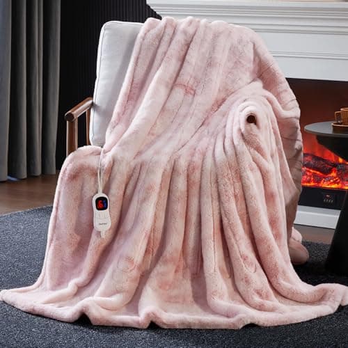 Guohaoi Heated Blanket Electric Throw, Soft Faux Rabbit Fur Electric Blanket with 10 Heating Levels 5 Sitting Timer Auto Off, Cozy Warm Heating Blankets, Machine Washable(50"×60" Pink)
